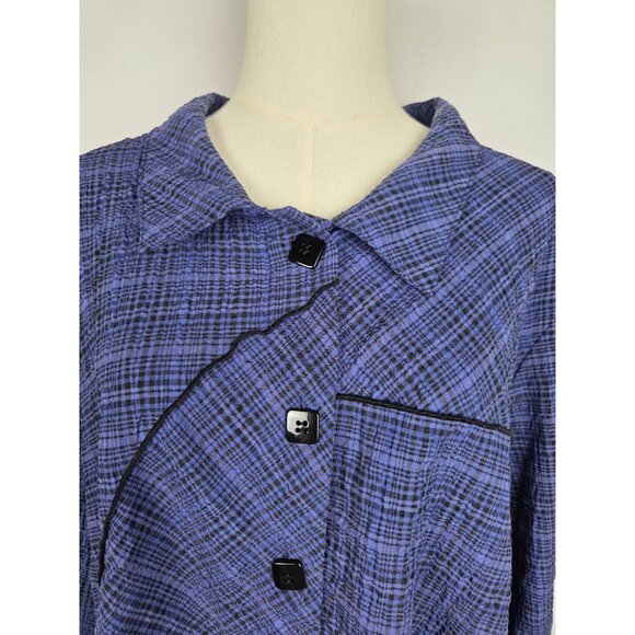 Ali Miles Tunic Top Size 3X Blue Plaid Button-Down Lagenlook Asymmetrical Print - Picture 2 of 9